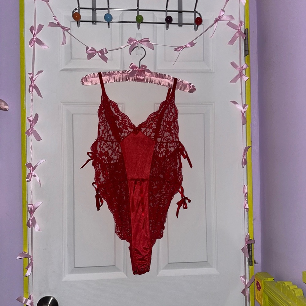 red hot lace bodysuit with bow detailing
